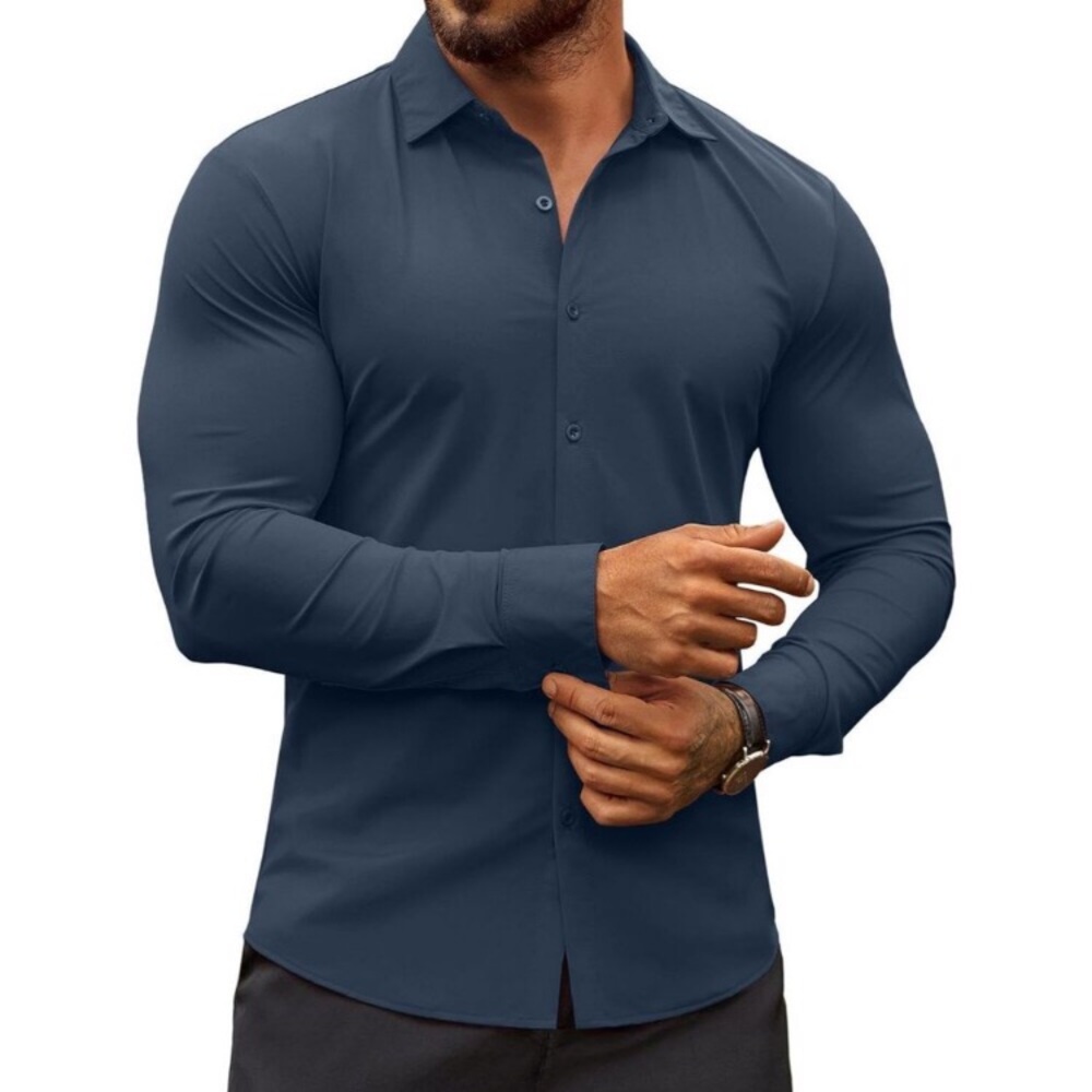 Coofandy Men's Blue Dress Shirts Stretch Long Sleeve Casual Button Down Shirts